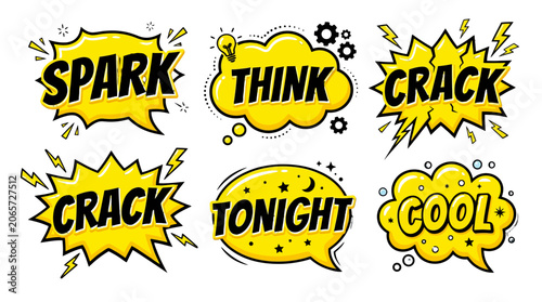 Yellow comic speech bubbles with Spark and Think text.