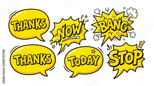 Yellow comic speech bubbles with thanks and stop text.