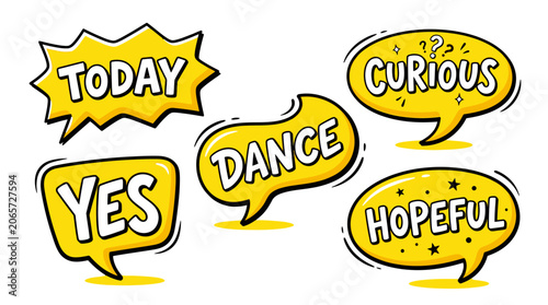 Yellow comic speech bubbles with today and dance text.