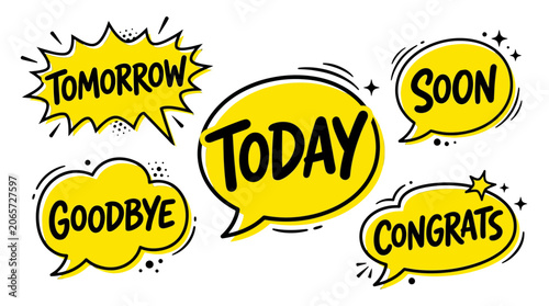 Yellow comic speech bubbles with time and greeting words.