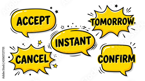 Yellow comic speech bubbles with words Accept and Cancel.