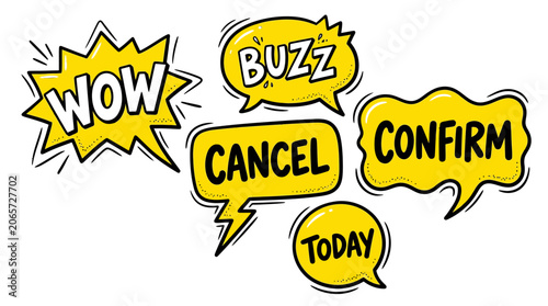 Yellow comic speech bubbles with wow buzz cancel text.
