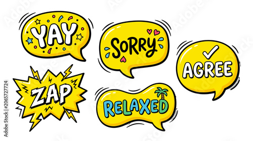 Yellow comic speech bubbles with yay and agree text.
