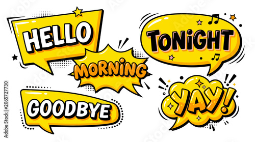 Yellow comic speech bubbles with yay and tonight text.