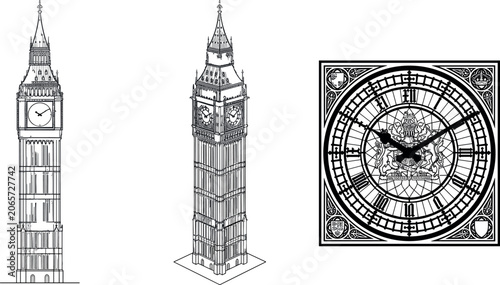 Принти на полотні Big Ben Elizabeth Tower Vector Set with Detailed Isometric Clock Tower Views and