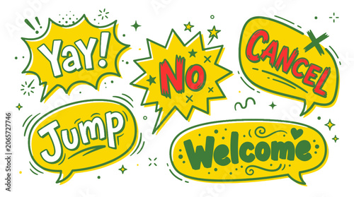 Yellow comic speech bubbles with yay no cancel text