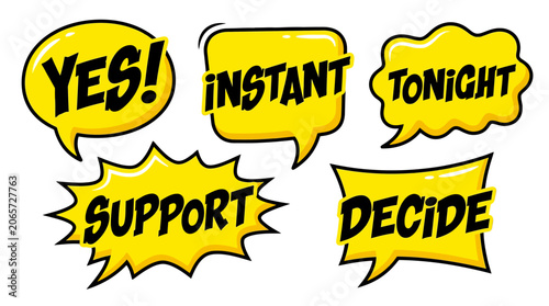 Yellow comic speech bubbles with Yes and Support text.