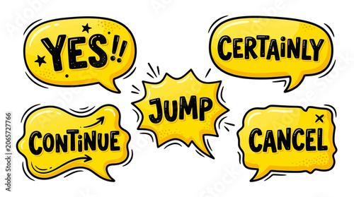 Yellow comic speech bubbles with Yes and Jump text