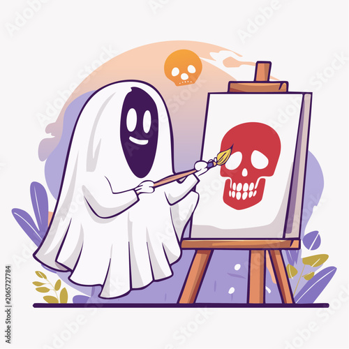 Ghost painting a skull on canvas