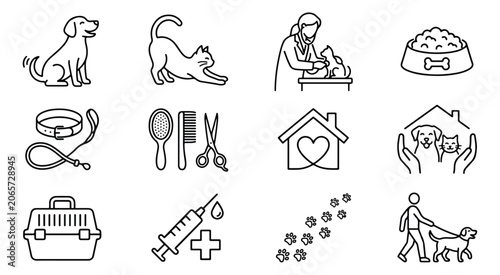 Bild auf Leinwand Minimalist pet care line icons set, 12 veterinary and animal welfare vector symb