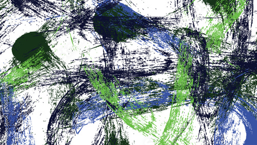 Abstract green and blue grunge background with expressive paint brush strokes and textured splatters