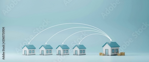 Miniature houses connected to a larger house by arched lines on blue background