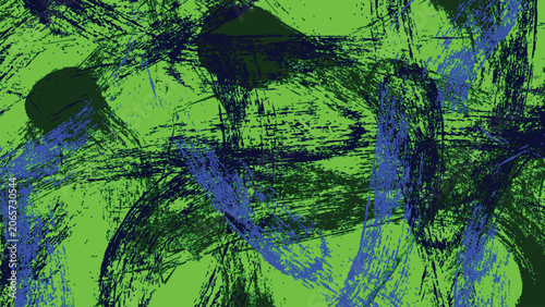 Abstract green and blue grunge background with expressive paint brush strokes and textured splatters