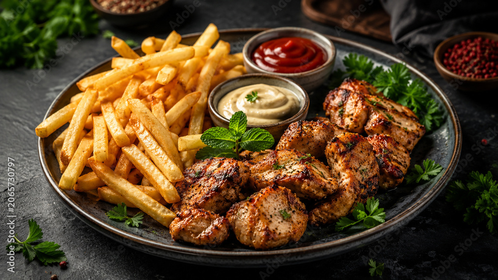 Fototapeta premium Appetizing Grilled Meat and Fried Potatoes Combo for Lunch or Dinner