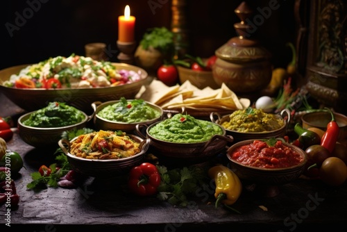 Appetizers for a mexican fiesta showcasing guacamole, salsa, and other savory dips