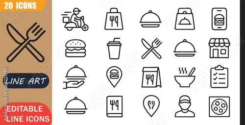 Photos Isolated takeaway food icons set, 20 editable line art icons set, food delivery