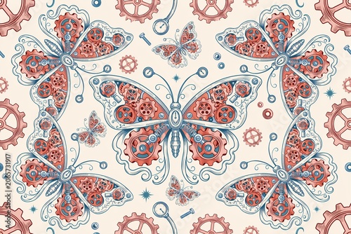 Steampunk style seamless pattern featuring mechanical butterflies with intricate gear wings and clockwork components on a cream colored background