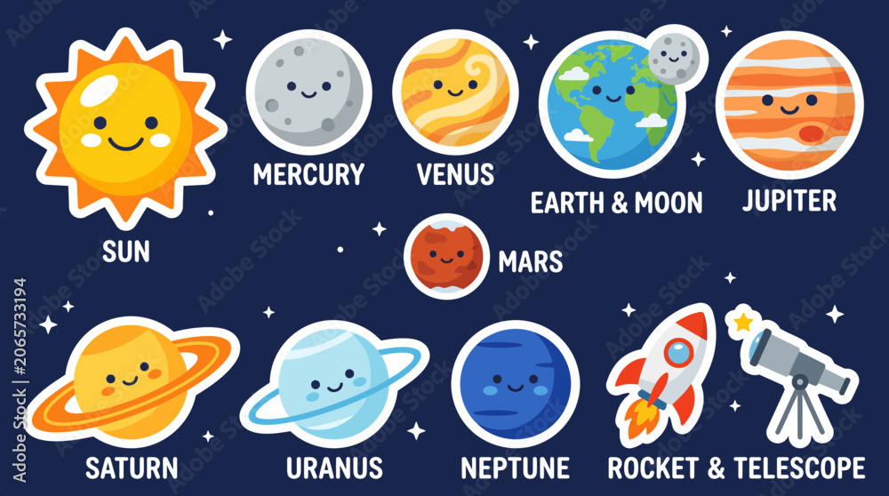 Obraz premium Colorful vector illustration featuring cute cartoon planets of the solar system with friendly faces arranged on a dark blue background