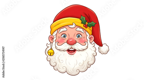 Cartoon Santa Claus face, Christmas character illustration, festive holiday icon, red hat isolated on Transparent Background