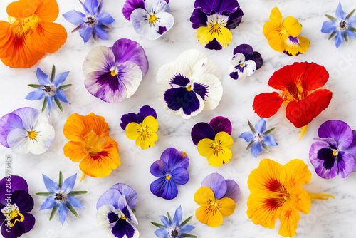 Assorted edible flowers arranged on a white marble background