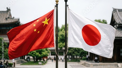 Flags of China and Japan Waving Outdoors Symbolize International Cooperation and Cultural Exchange in a Historic Courtyard
