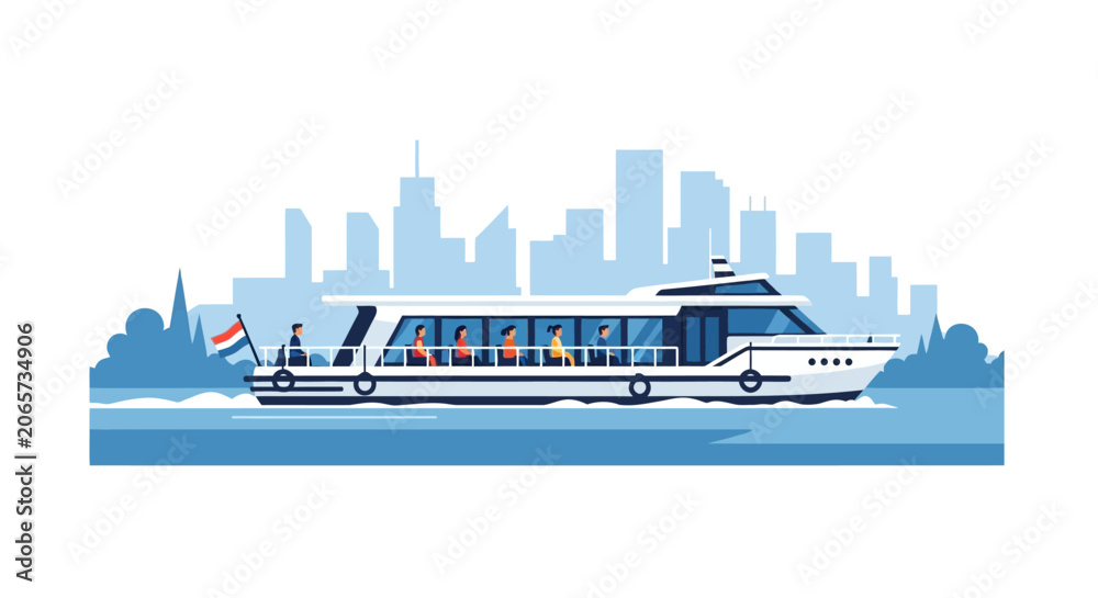Fototapeta premium Amsterdam Style Canal Boat Tour Illustration with City Skyline Background