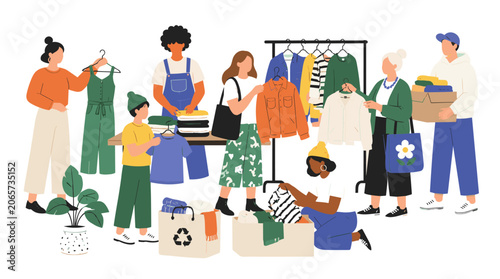 Group of shoppers exploring clothing at a swap event.
