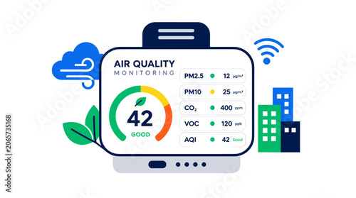 Air quality monitor device display with sensor indicators.
