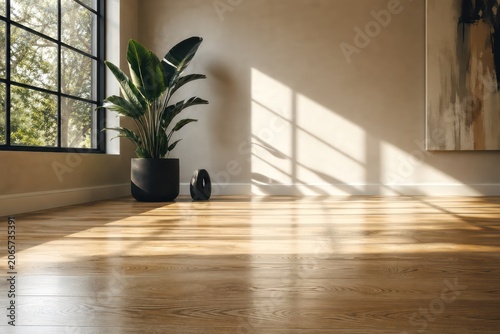 Modern empty living room interior with wooden floor, large window, and open home design
