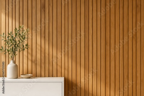Still life bamboo plant in modern interior home room with wooden furniture and natural green decor