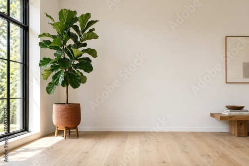 Modern living room interior with plants, contemporary furniture, wooden decor, natural light, and a clean modern home design space