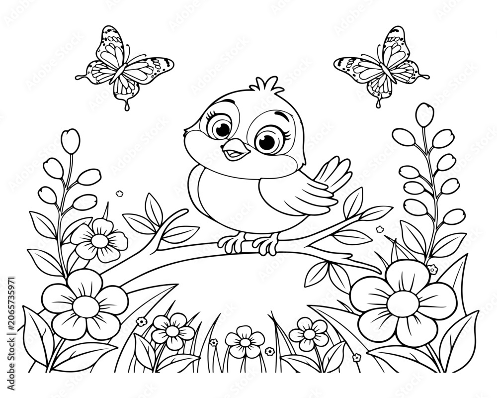 Fototapeta premium Cute Bird on Branch Coloring Page for Kids Vector Illustration
