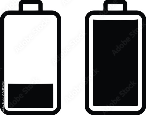 Battery icon vector set depicting low and full energy charge