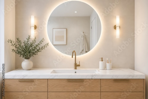 Modern bathroom interior with bathtub and shower featuring luxury design, mirror, sink, toilet, glass and clean contemporary style
