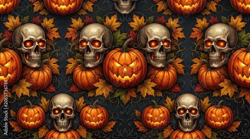 Spooky halloween pattern with glowing pumpkins and skulls for autumn decor