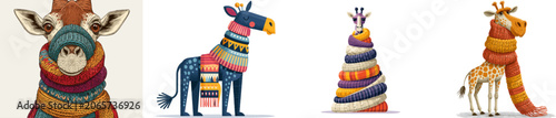 A whimsical giraffe dons a vibrant, multi-layered knitted scarf in a bold, clean vector illustration style against a plain white background