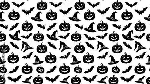 Spooky halloween pattern with black pumpkins bats and witch hats on white background