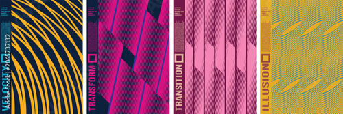 Abstract geometric vector poster set with halftone lines and optical illusion patterns, shape distortion and linear gradients for textile all-over print