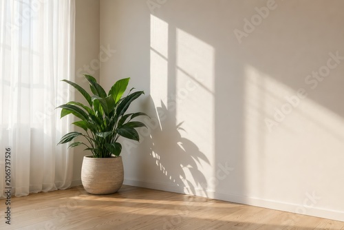 Modern interior design of an empty room with window, indoor plants and natural light