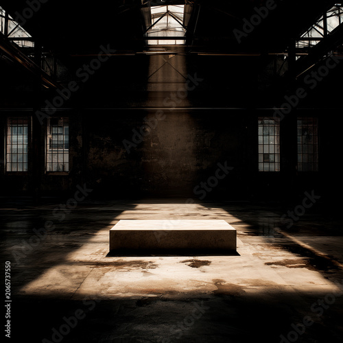 Empty stone podium in dark warehouse