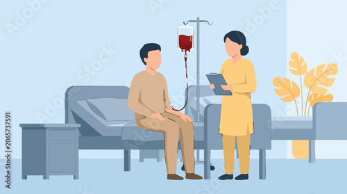 Fotografie Patient receiving blood transfusion from IV drip with nurse attending in hospita