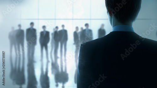Professional businessman, boss, leader, man in a dark suit standing with his back to the camera while observing a blurred group of colleagues, employees, personnel inside a bright modern office