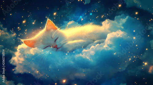 Fantasy illustration shows a cloud-shaped cat sleeping among stars in a night sky with bright colors and playful details that captivate the viewers