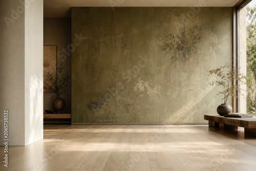 Empty modern interior room with wooden floor, window, hallway, door, and open corridor design