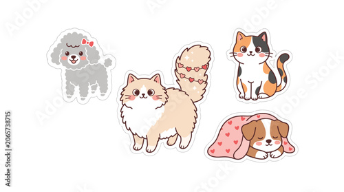 Adorable Cartoon Pet Animal Stickers Collection on White Background