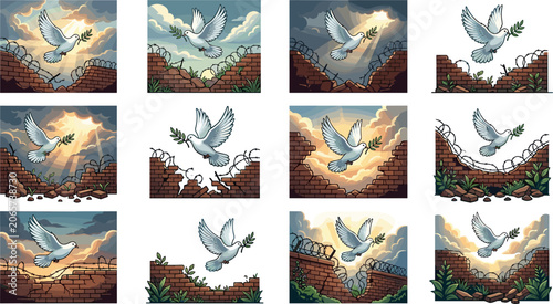 Photos Peace Dove Flying Over Broken Barbed Wire and Ruined Walls Vector Illustration S