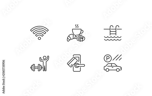 Obraz na plátně Guest lodging facilities car parking room key card and fitness vector symbols