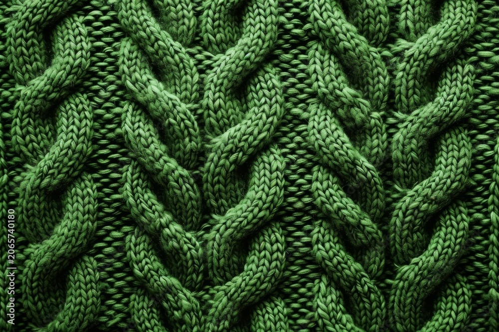 Fototapeta premium Close up view of a green cable knit fabric, highlighting its texture, warmth, and stylish design