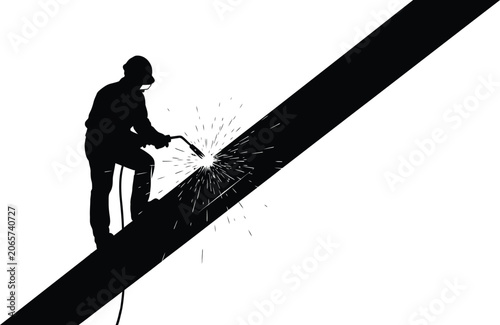 Fotografie Welder Working On Steel Beam Against City Skyline Silhouette