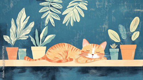 Cat taking a nap on a shelf surrounded by potted plants during daylight hours while enjoying a cozy indoor space